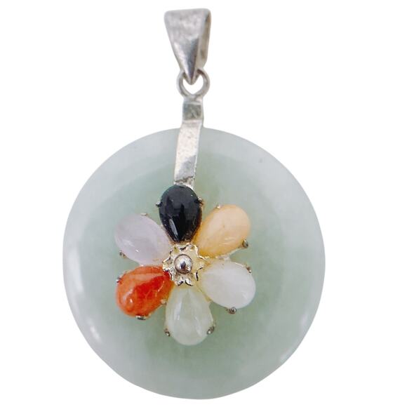 VTG Sterling Silver Jadeite Donut Pendant w/ Semi-Precious Gemstone Flower, Y2K - Picture 1 of 13